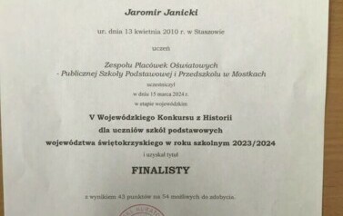 Zaświadczenie potwierdzające uzyskanie tytułu Finalisty