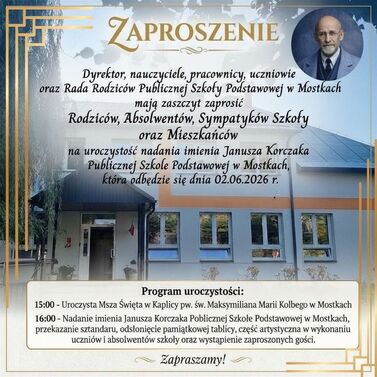 Zaproszenie na uroczystość nadania imienia Janusza Korczaka Szkole Podstawowej