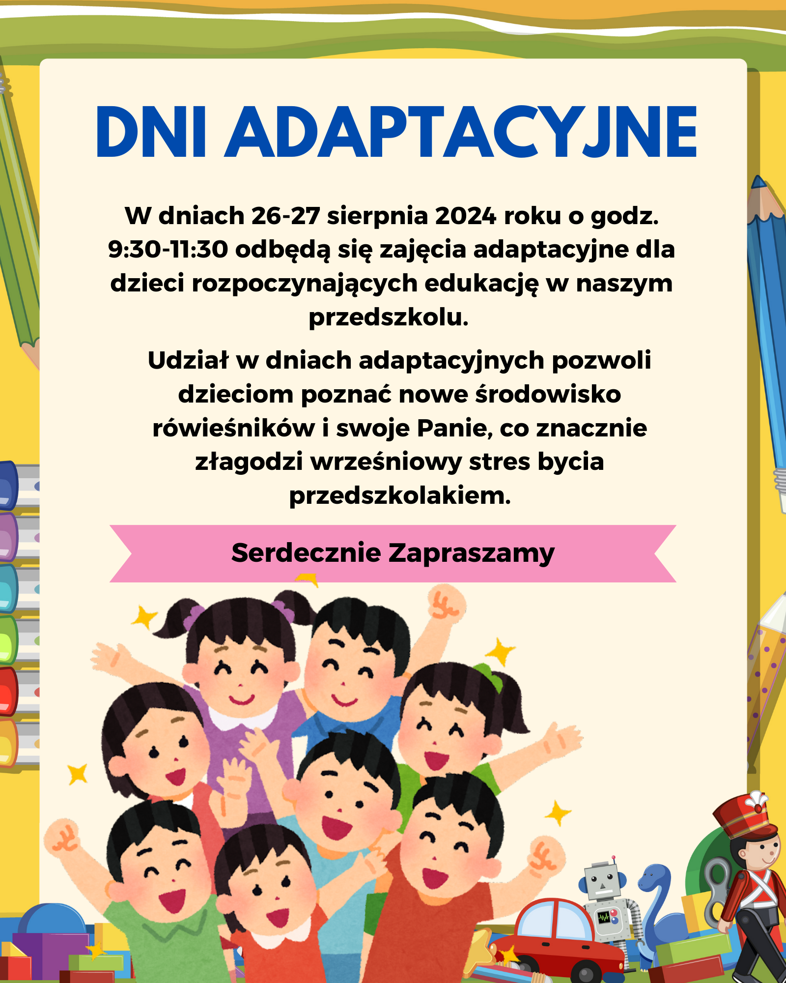 Plakat z zaproszeniem na dni adaptacyjne w przedszkolu - sierpień 2024