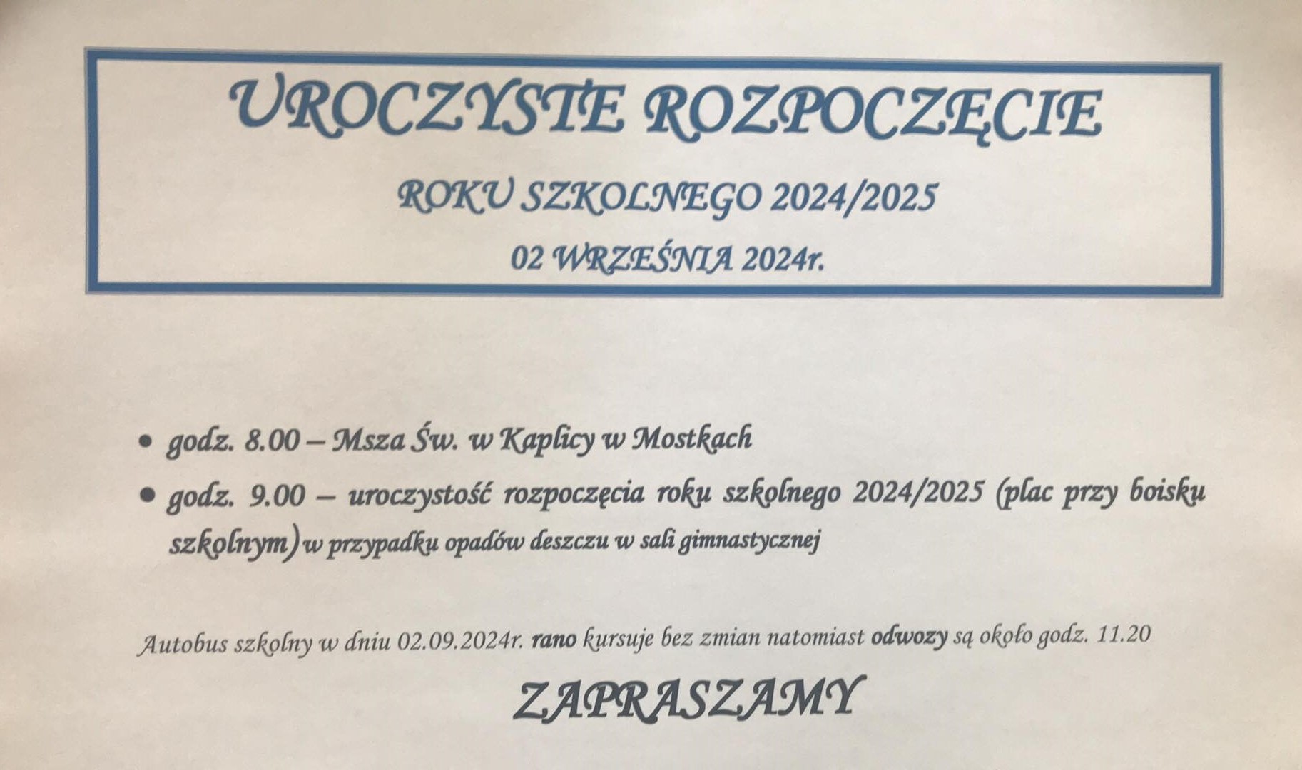 Rozpoczęcie roku szkolnego 2024/2025 - ogłoszenie