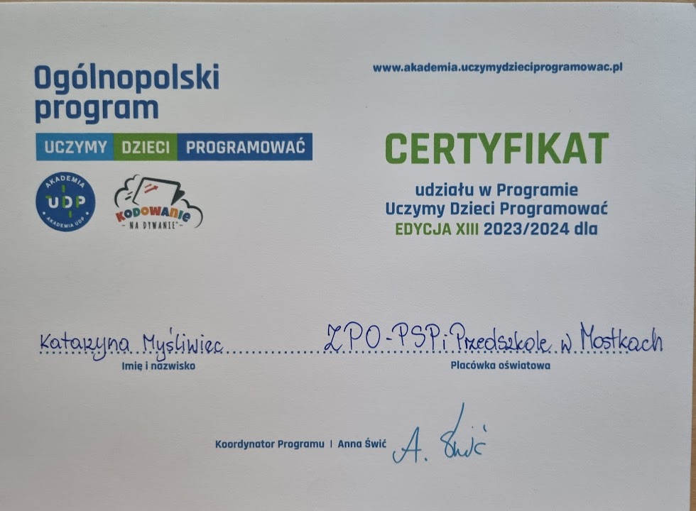 Certyfikat udziału w Programie Uczymy Dzieci Programować